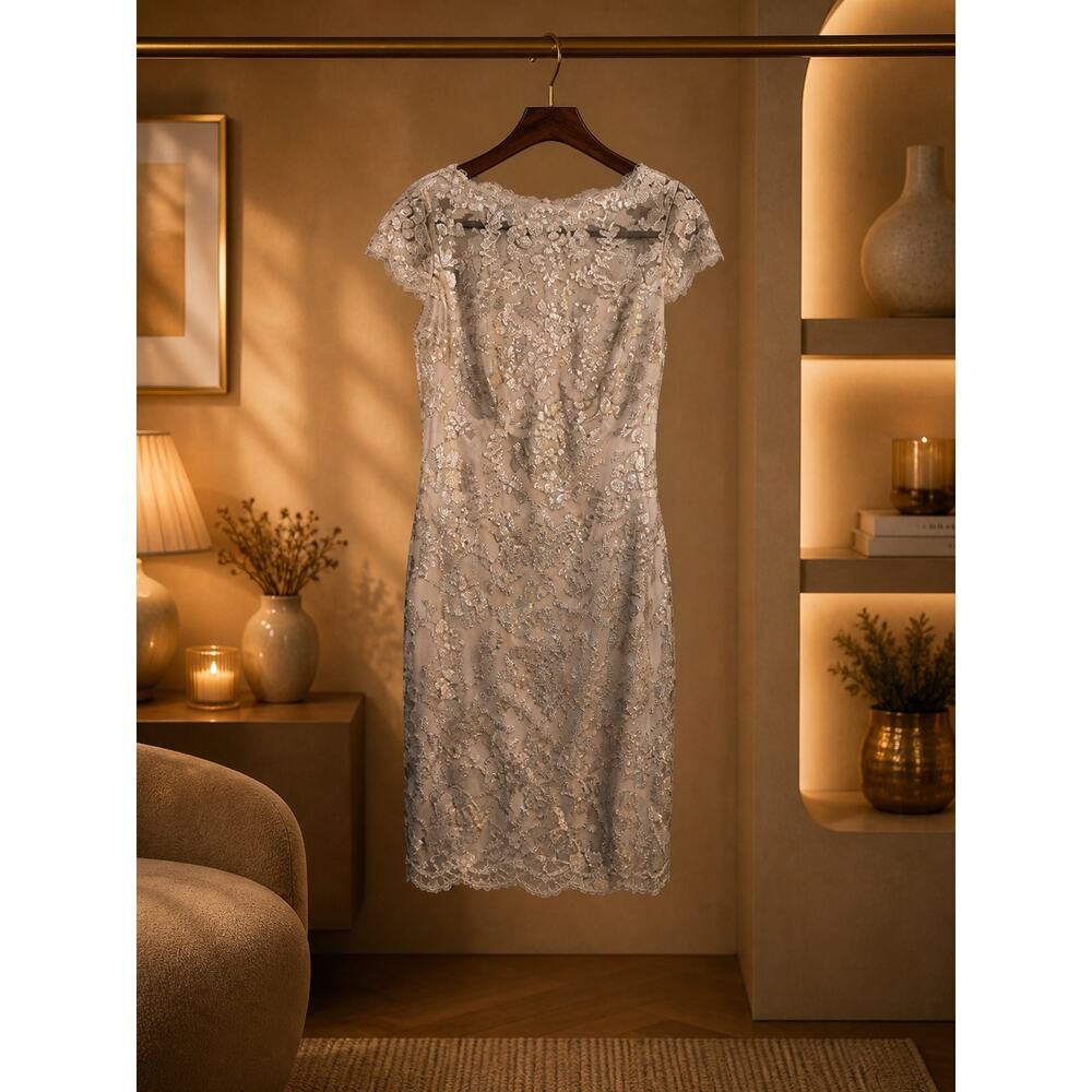 Tadashi Shoji Taupe Lace Sequin Midi Dress – Illusion Neck Cap Sleeve Size 8